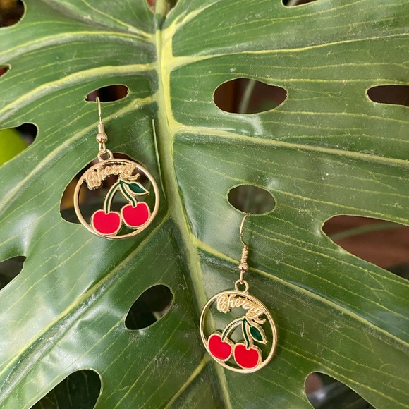 Cute & Funky cherry gold enamel earrings - Picture 3 of 8